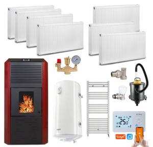 Pachet termosemineu cu peleti Termax Kamin ECO, 30 kW, 220 mp, buncar peleti 55 kg, volum apa 49 litri, diametru cos fum ⌀80 mm, vas expansiune si pompa recirculare incluse, Calorifere, Boiler Termoelectric Tesy 100 litri, Termostat inteligent Wi-Fi KOPH