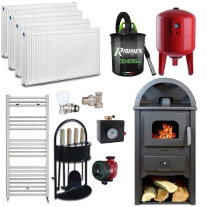 Pachet Termosemineu pe lemn Termax Faurar, 11.52 kW, randament 85.59%, 75 m², Antracit, Calorifere, Pompa Recirculare, Grup siguranta, Vas expansiune, Robineti tur/retur, Aspirator cenusa si set accesorii