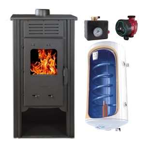 Pachet termosemineu pe lemn Termax Hydra, 6.5 kW, randament 75.5%, 43 m², Bej, Grup siguranta, Pompa recirculare si Boiler termoelectric Tesy 80 litri