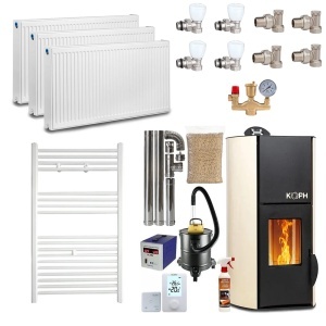 Pachet termosemineu pe peleti KOPH PM 12 kW, 80 mp, buncar peleti 12 kg, diametru cos fum ⌀80 mm, pompa recirculare si vas expansiune incorporate, Calorifere, Robineti, Grup Siguranta, Crem