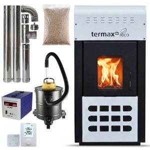Pachet termosemineu pe peleti Termax Kamin ECO, 25 kW, 160 mp, buncar peleti 45 kg, volum apa 42 litri, diametru cos fum ⌀80 mm, vas expansiune si pompa recirculare incluse, Alb