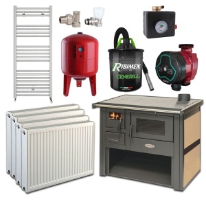 Pachet Termosoba pe lemn Termax Culina, 12.05 kW, evacuare pe dreapta, cuptor integrat, randament 85.29%, 80 m², Calorifere, Pompa Recirculare, Grup siguranta, Vas expansiune, Robineti tur/retur, Aspirator cenusa