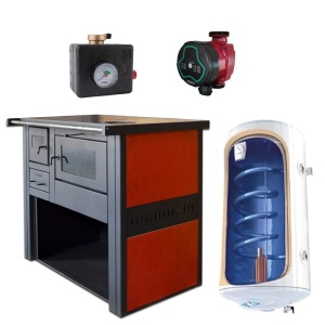Pachet Termosoba pe lemn Termax Culina, 12.05 kW, evacuare pe dreapta, cuptor integrat, randament 85.29%, 80 m², Grup siguranta, Pompa recirculare si Boiler termoelectric Tesy 80 litri