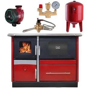 Pachet termosoba pe lemn Termax Maria 35 kW din otel, evacuare pe stanga, cuptor, design modern si functional, 230 mp, Bordo, Grup siguranta, Vas expansiune, Supapa termica si Pompa recirculare