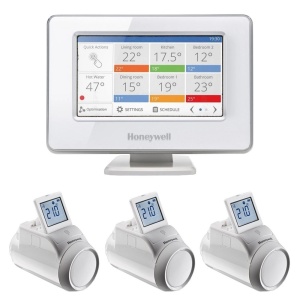 Pachet termostat de ambient pentru centrala, wireless, Honeywell Home Evohome ATP921R3052, inteligent, Wi-Fi, programabil + 3 bucati Cap termostatic electronic programabil Honeywell HR92EE