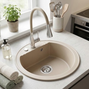 Set Chiuveta Granit Ferro Mezzo II & Baterie Zumba II crem si accesorii montaj - Img 2