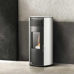 Soba premium pe peleti TEBA TP-08, 10 kW, cu ventilare si control electronic, buncar 15 kg, 60 mp, diametru cos fum ⌀80 mm, inaltime 1002 mm