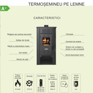 Termosemineu pe lemn Termax Hydra, 6.5 kW, randament 75.5%, 43 m², spatiu depozitare lemne, Rosu - Img 6