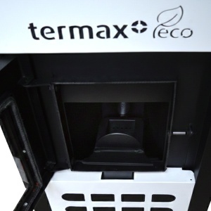 Termosemineu pe peleti Termax Kamin ECO, 25 kW, 160 mp, buncar peleti 45 kg, volum apa 42 litri, diametru cos fum ⌀80 mm, vas expansiune si pompa recirculare incluse, Alb - Img 5