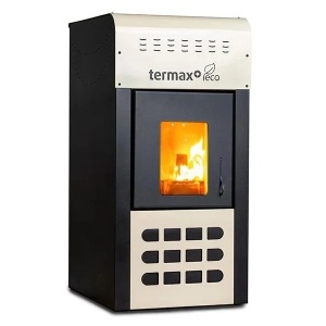 Termosemineu pe peleti Termax Kamin ECO, 25 kW, 160 mp, buncar peleti 45 kg, volum apa 42 litri, diametru cos fum ⌀80 mm, vas expansiune si pompa recirculare incluse, Crem