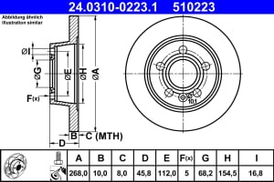 Disc de frana, 1pcs, ATE PowerDisc, full, Cut, spate ; Stanga/Dreapta, outer diameter 268 mm, thickness 10 mm, compatibil: FORD GALAXY I, GALAXY MK I; SEAT ALHAMBRA; VW SHARAN 1.8-2.8 03.95-03.10