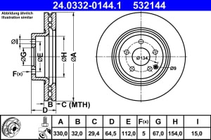 Disc de frana, 1pcs, ATE PowerDisc, Ventilate, Cut, fata ; Stanga/Dreapta, outer diameter 330 mm, thickness 32 mm, compatibil: MERCEDES CLS (C219), E T-MODEL (S211), E (VF211), E (W211) 1.8-5.5 03.02-12.15