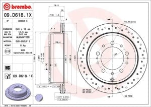 Disc de frana, BREMBO Xtra, 1pcs, Perforat, spate ; Stanga/Dreapta, outer diameter 345 mm, thickness 18 mm, compatibil: LEXUS LX; TOYOTA LAND CRUISER 200, SEQUOIA, TUNDRA 4.5D-5.7ALK 05.98-