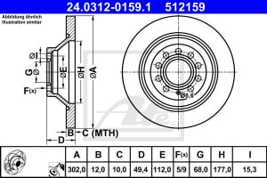 Disc de frana, 1pcs, ATE PowerDisc, full, Cut, spate ; Stanga/Dreapta, outer diameter 302 mm, thickness 12 mm, compatibil: AUDI A6 C6 2.0-4.2 05.04-08.11