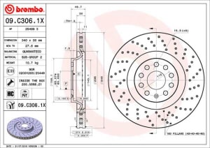 Disc de frana, BREMBO Xtra, 1pcs, Perforat, fata ; Stanga/Dreapta, outer diameter 340 mm, thickness 30 mm, compatibil: AUDI A3, A3 ALLSTREET, Q2, Q3, TT; CHRYSLER VOYAGER III; CUPRA ATECA 1.0-3.6 01.95-