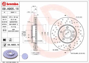 Disc de frana, BREMBO Xtra, 1pcs, Perforat, fata ; Stanga/Dreapta, outer diameter 278 mm, thickness 25 mm, compatibil: VOLVO C30, C70 II, S40 II, V40, V50; FORD C-MAX II, FOCUS III 1.0-Electric 12.03-02.20