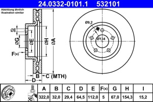 Disc de frana, 1pcs, ATE PowerDisc, Ventilate, Cut, fata ; Stanga/Dreapta, outer diameter 322 mm, thickness 32 mm, compatibil: MERCEDES C (C204), C T-MODEL (S204), C (W204), E (A207), E (C207) 1.8-3.5 01.07-