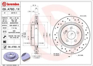 Disc de frana, BREMBO Xtra, Perforat, spate ; Stanga/Dreapta, outer diameter 300 mm, thickness 22 mm, compatibil: MERCEDES C (C204), C T-MODEL (S204), C (W204), E (A207), E (C207) 1.8-5.5 01.07-