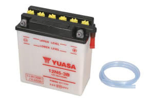 Baterie Acid/Starting YUASA 12V 5,3Ah 35A R+ Maintenance 120x60x130mm Dry charged without acid required quantity of electrolyte 0,4l 12N5-3B fits: KAWASAKI AR; SUZUKI DR, GT, RG 125-650 1968-1991