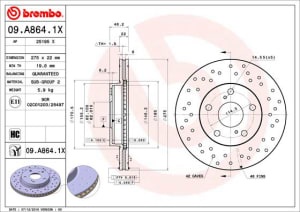 Disc de frana, BREMBO Xtra, Perforat, fata ; Stanga/Dreapta, outer diameter 275 mm, thickness 22 mm, compatibil: TOYOTA AURIS, COROLLA 1.33-1.8 10.01-08.19