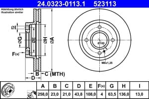 Disc de frana, 1pcs, ATE PowerDisc, Ventilate, Cut, fata ; Stanga/Dreapta, outer diameter 258 mm, thickness 23 mm, compatibil: FORD FIESTA, FIESTA VI 1.0-1.6D 06.08-