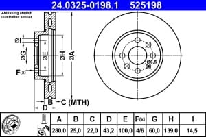 Disc de frana, 1pcs, ATE PowerDisc, Ventilate, Cut, fata ; Stanga/Dreapta, outer diameter 280 mm, thickness 25 mm, compatibil: OPEL ASTRA H, ASTRA H GTC, ASTRA H/KOMBI 1.3D-2.0 01.04-10.14