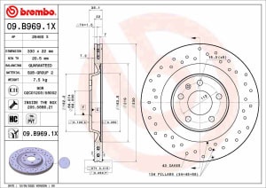 Disc de frana, BREMBO Xtra, 1pcs, Perforat, spate ; Stanga/Dreapta, outer diameter 330 mm, thickness 22 mm, compatibil: AUDI A4 ALLROAD B8, A4 ALLROAD B9, A4 B8, A4 B9, A5, A6 ALLROAD C7 1.4-6.3 06.07-