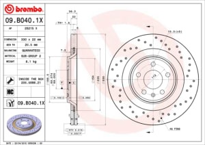 Disc de frana, BREMBO Xtra, 1pcs, Perforat, spate ; Stanga/Dreapta, outer diameter 330 mm, thickness 22 mm, compatibil: AUDI A4 B8, A5, Q5 2.0-4.2 06.07-05.17