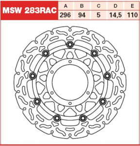 Disc frână flotant față, 296/94x5mm 6x110mm, diametru gaură de centrare 6,5mm, spacing 14,5 compatibil: HONDA CB, CBR 600F (Hornet)/600FA (ABS)/600FA (Hornet ABS) 2007-2015