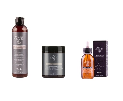 Kit Trio Pentru Reconstrucția Părului Tratat Chimic Nook Magic Arganoil Secret – Regenerare Intensivă pentru Părul Deteriorat