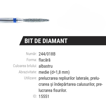 Bit cuticula diamant, albastru, flacara 244-018B, 1,8 mm - Img 2