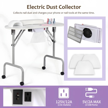Masa Manichiura Pliabila cu Roti si Aspirator 90x45x68 cm + Cadou 2x Saci Rezerva Aspirator 9001 - Img 4