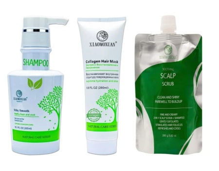 Set Cadou Xiaomoxuan S1M260SCRUB - Sampon Arbore de Ceai 300ml + Masca Colagen 260ml + Scrub Curatare Scalp