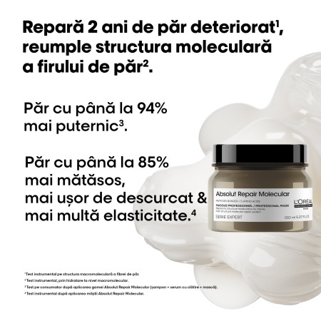 L’Oréal Professionnel Absolut Repair Molecular – Mască concentrată pentru păr deteriorat, cu 5 aminoacizi & peptide, 150ml - Img 4