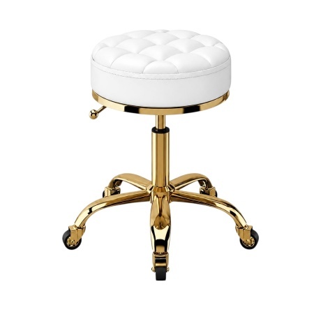 Scaun Salon/Frizerie Reglabil cu Sezut din Piele Alba – Rotatie 360°, Baza Aurie