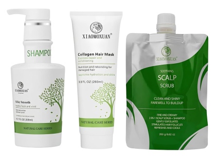 Set Cadou Xiaomoxuan S1M260SCRUB - Sampon Arbore de Ceai 300ml + Masca Colagen 260ml + Scrub Curatare Scalp