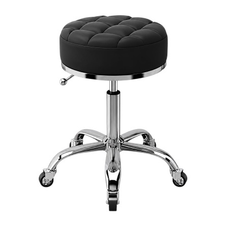 Scaun Salon/Frizerie Reglabil cu Sezut din Piele Neagra – Rotatie 360°, Baza Argintie