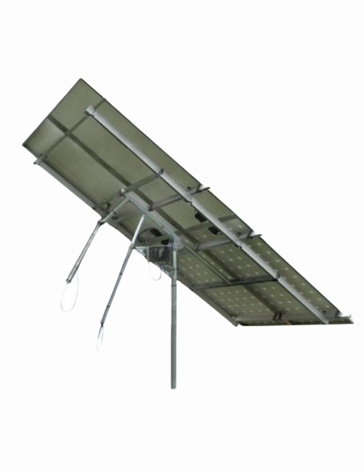 Two-axis solar tracker and support for 2 panels with main pole and ground fixing screws.