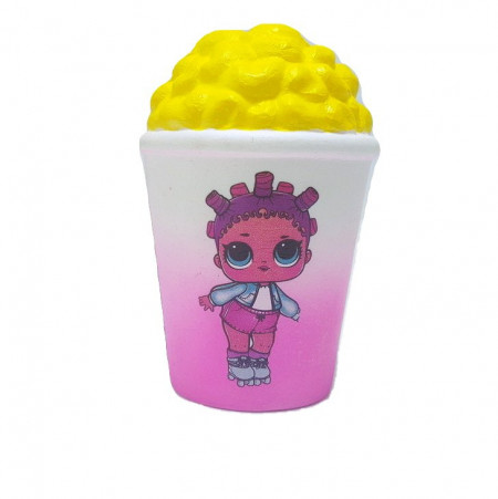 Jucarie Squishy, model pahar cu popcorn, design fetita cu patine