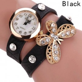 Ceas dama curea lunga Crystals & butterfly- black