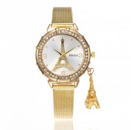 Ceas dama elegant cu Turnul Eiffel si pandantiv, auriu