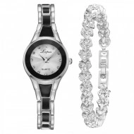 Set ceas dama, Alice, ceas si bratara, bicolor, negru cu argintiu