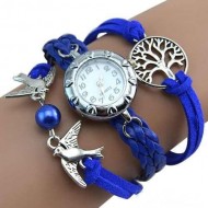 Elegant ceas de dama cu copacul vietii si pasari, albastru