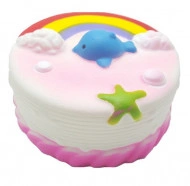 Squishy Jumbo, model tortulet curcubeu cu norisori, delfinas si stea de mare, roz