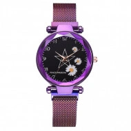 Ceas dama cu bratara magnetica, geam fatetat si model margarete, purple