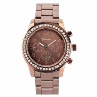 Ceas Geneva metalic, de dama, cu cristale - coffee color