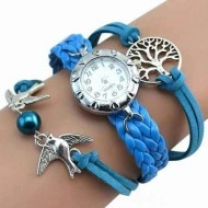 Elegant ceas de dama cu copacul vietii si pasari, blue