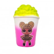 Jucarie Squishy, model pahar cu popcorn, design fetita blonda