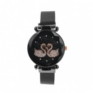 Ceas dama elegant cu geam fatetat, bratara magnetica si ornament cristale