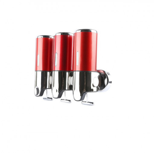 Dispenser triplu sapun lichid/gel de dus 500ml/segment, rosu inchis